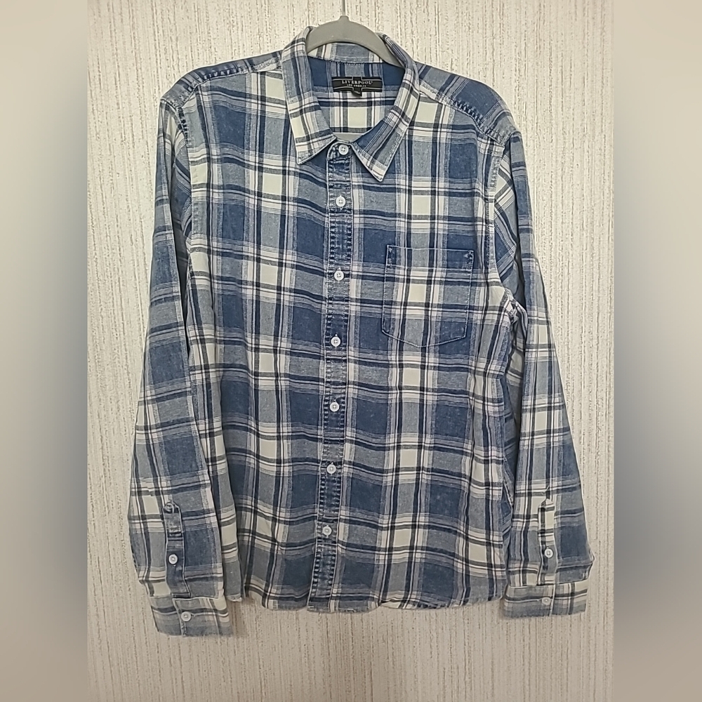 NWT Liverpool Mens Size Large Blue Plaid Button-up Shirt Long Sleeve